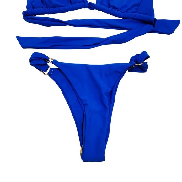 Blue Triangle Bikini Set With Adjustable Halter Neck & Side Tie Bottoms Size S - Picture 4 of 5
